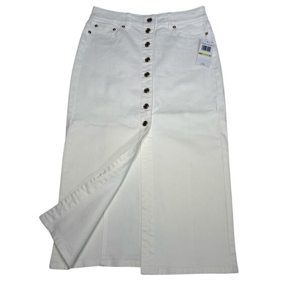 Michael Kors White Denim Skirt Size 4 Button Front Midi Jean Pencil Style NWT - Picture 1 of 9